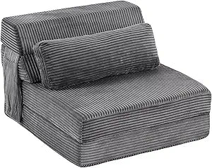 Folding Sofa Bed with Pillow, Convertible Sleeper Chair, Comfy Floor Futon Couch Mattress Lounge Lounge Sofa for Adults Portable Fold Out Chair Bed for Living Room Bedroom, Single, Gray