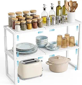 2 Packs Expandable Cabinet Shelf Organizer, Stackable Countertop Shelves