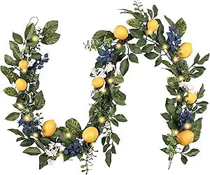 Valery Madelyn 6ft Pre-Lit Lemon Garland with Greenery, Thick Spring Summer Garland for Mantle with Lights, Artificial Fruit Vine for Stairs Fireplace Table, Farmhouse Kitchen Home Wall Party Decor