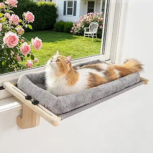 Cat Sill Window Perch - 100% Natural Pine Frame, Soft Plush Fleece Cushion, Tool-Free Adjustment, Supports 55 lbs (Extra Large-Grey)