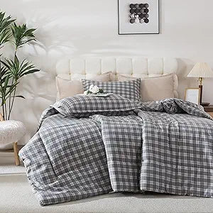Caressma Gray Checkered Full Comforter Set, Plaid Gingham Bedding Set | 3 Pieces Buffalo Grid Comforter Bedding Set, Vintage Geometric Checkered Bedding with Pillowshams