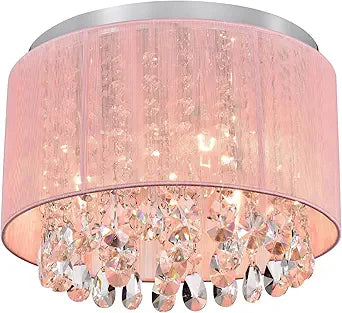 LaLuLa Pink Chandelier Drum Flush Mount Chandelier Crystal Ceiling Light Fixture 3 Light Bedroom Chandelier