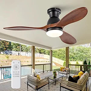 42 Inch Flush Mount Ceiling Fans with Lights and Remote, Dimmable 3 Blades Wood Bedroom Ceiling Fan with Lights Low Profile Ceiling Fan with Light Black Outdoor Ceiling Fans for Patios Living Room
