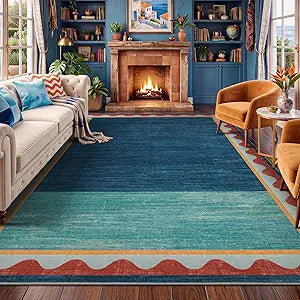 YIHOUSE Mid-Century Washed Style Area Rug 8x10, Washable Carpet for Living Room, Non-Slip Low Pile Soft Rug for Bedroom, Kitchen, Entryway, Retro Teal