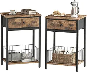 Night Stand Set 2, Night Stand with Drawers, Industrial nightstand, Nightstand with Fabric Bins, Bedside Table End Table for Bedroom, Closet, Entryway, College Dorm, Rustic Brown LNT0061BR2