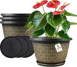 Nooulap 4 Pack 12 Inch Plant Pots,Large-Plant-Flower-Planters-Plastic, Flower Pots Outdoor Indoor with Drainage Holes & Trays, Retro Antique Imitation Decorative Garden Sets for Houseplants