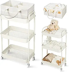 Fortella Baby Diaper Caddy, 3 Tier Rolling Storage Cart for Baby Essentials, Diaper Cart with Detachable Dividers, Storage Organizer & Baby Bottle Organizer for Bedroom, Living Room (Beige)