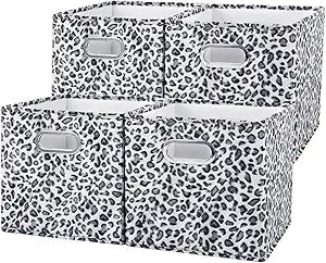 ANMINY 4PCS Storage Cubes 11 Inch Leopard Cheetah Print Velvet Fabric Storage Bins for Shelves, Collapsible Washable Closet Storage Baskets Boxes with Handles for Organizing and Storage -Gray