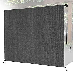 8'W x 6'H Gray Patio Shades Roll up Outdoor Roller Shade Crank Wand Blind Cordless, 90% UV Blocking & Privacy Protection for Porch|Gazebo|Pergola|Backyard (2 Splicing Tube, 1 Fabric)