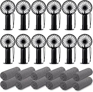 24 Pcs Summer Sport Gifts, Includes 12 Baseball Cooling Towels 40 x 12 Inch Workout Towels 12 Portable Mini Handheld Fan for Sport Party Team Gift, USB Charging(Dark Gray, Black)