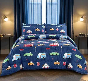 MAG 3Pcs Cartoon Car Comforter Set,Blue Cute Queen Comforter Set,Race Car Bedding,All Season for Toddlers Kids Boys Teens and Girls,Soft Microfiber,Queen Size.