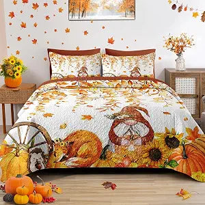 Pamnest Queen Fall Quilt Set, 3 Pieces Autumn Gnomes Bedding, Bedspread