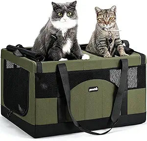 Pecute Dual Compartment Pet Carrier for Multi-Cat Families & Small Dog Owners, Collapsible Dog Crate with Reinforced Steel Frame, Car Safety Design for Travel, Vet Visits & Home Use, Green