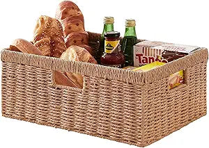 OIAHOMY Wicker Storage Basket, Rectangular Paper Rope Shelf Baskets with Built-in Handles, Woven Decorative Organizer for Pantry, Shelves, Living Room and Bathroom, 1-Pack Natural
