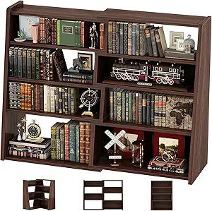 Armocity Expandable Bookshelf, Short Corner Bookshelf for Small Spaces, Small Ladder Book Shelf, Extendable Wood Narrow Bookcase for Living Room, Bedroom, 5 Tier, Black Walnut