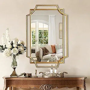 Gold Bathroom Mirror with Metal Frame 24"x36" Antique Beaded Decorative Wall Vanity Mirror Rectangle Polished Beveled Mirrors for Bedroom Entryway Fireplace
