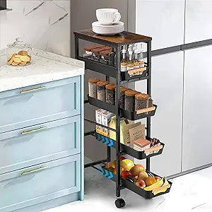 Slim Storage Cart, 5-Tier Narrow Rolling Kitchen Laundry Room Cart with Drawer and Wheels, Metal Utility Cart Slide Out Organizer for Small Spaces (Black)