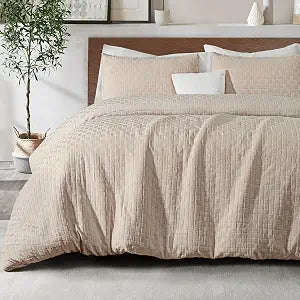 Whale Flotilla Jacquard Checkerd Extra Soft King Comforter Set - Luxury Reversible Microfiber Oversized Comforters Bedding Set with 2 Pillowcases - Lightweight Duvet for All Seasons, Beige