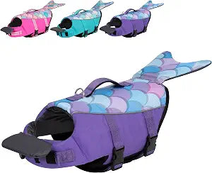 cyeollo Dog Life Jacket Reflective Mermaid Dog Life Vest for Swimming Boating, High Buoyancy Pet Life Preserver Lightweight Small Medium Large Dog Lifejackets with Front Float, Purple M