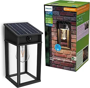 Philips Solar LED 1-Pack Geri UltraEfficient Outdoor Wall Light, Motion Sensor, 2700K, Square, Black, 500 Lumen, High Brightness, Glass, Metal