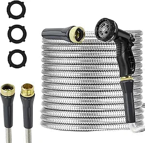 Stainless Steel Garden Hose 75ft Heavy Duty Metal Water Hoses with 10 Function Water Hose Nozzles for Yard Outdoor