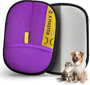 2 Pack Pet Hair Grooming Gloves Upgraded Mesh + Brush Fabric, Washable Electrostatic Pet Hair Remover for Dogs & Cats Reusable Glove for Carpet, Furniture, Clothes (Purple)