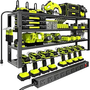 Large Power Tool Organizer Wall Mount with Charging Station, 8 Outlet Power Strip, 4 Layers 8 Drill Holder Heavy Duty Metal Tool Storage Loads 420lbs with Screwdriver Holder, Utility Racks for Garage