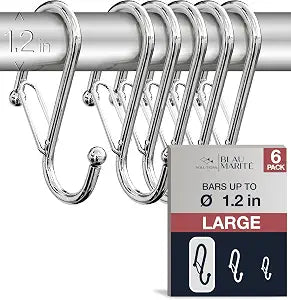 6-Pack Metal S Hooks for Hanging Heavy-Duty S-Shaped Hook with Safety Buckle Fits Bars up to 1.2 in Anti-Drop S-Hooks for Closet, Wardrobes & Storage Silver (Large)
