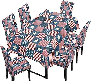 Suobstales American Flag Grid Pattern 7 Pcs Tablecloth and Chair Covers Set Stretch Washable Table Cover and Seat Protector Slipcovers for Dining Room Kitchen Party (Rectangle, 82 x 55 Inch)