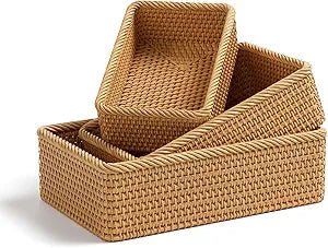 Rattan Storage Basket, 3 Pack Hand Woven Rectangular Fruit Baskets for Serving, Picnic Basket, Wicker Storage for the Living Room Kitchen (Honey Brown)