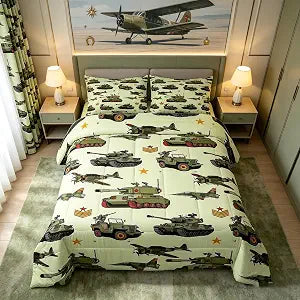 Manfei Aircraft Tank Comforter Set Twin Size, Green Camo Helicopter Airplane Bedding Set 2pcs for Kids Boys Teens Room Decor, Military Army Equipment Down Comforter with 1 Pillowcase, No Sheets
