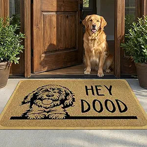 Funny Doormat for Entrance Way Indoor/Outdoor Front Door/Patio Anti-Slip & Heavy Weather Resistant Rugs House Warming Novelty Gift Mat 36"x24" (Hey Dood Golden Doodle Dog)
