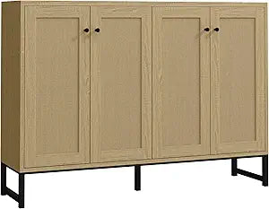 Panana Sideboard Accent Storage Cabinet with Rattan Decorated 4 Doors Dining Room Freestanding Kitchen Buffet Table Cupboard (Natural)