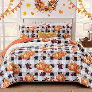Fall Quilt Set Queen Size, Thanksgiving Pumpkin Maple Leaves Bedding Set