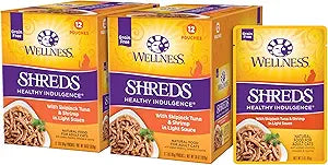 Wellness Healthy Indulgence Shreds Adult Wet Cat Food, Natural, Protein Rich, Grain Free, Tuna and Shrimp Recipe, 3 oz, Pack of 24 Pouches