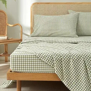 HighBuy 100% Washed Cotton Sheets - Full Size Gingham Bedding Sheet Set,Cooling Breathable Plaid Design,4 Piece Green Plaid Bed Sheets,Comfortable,16" Deep Pocket,Sage Green Grid Sheets