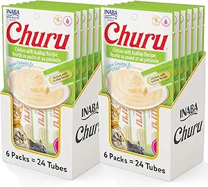 INABA Churu Cat Treats, Grain-Free, Lickable, Squeezable Creamy Pure Cat Treat/Topper with Vitamin E & Taurine, 0.5 Ounces Each Tube, 48 Tubes (4 per Pack), Chicken with Scallop Recipe