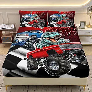 AILONEN Monster Trucks Fitted Sheet Set,Dinosaur Red Blue Truck Bedding Set for Kids Boys Twin Size,Black and White Grid Pattern Bed Sheet Set,1 Fitted Sheet 2 Pillowcases,3-Piece,Soft Microfibre