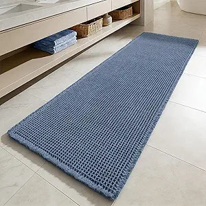 MIULEE Waffle Bathroom Runner Rugs, Super Absorbent Non Slip Bath Rug, Upgraded Soft Quick Dry Washable Boho Large Bath Mat with Tassels for Hallway Laundry Room Bedroom, 2'x5' (24"x60"), Blue