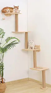 Cat Tree Wall Mounted with 4 Levels Shelves, 73" Wood Corner Tower Inside Kitten Scratching Post for Climbing,Perching and Lounging (Right to Left)