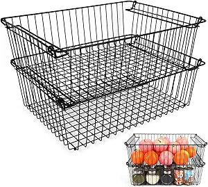 Set of 2 Stackable XXL Wire Baskets For Pantry Storage and Organization -16x12in Large Metal Food Baskets -Vegetable,Fruit,Potato,Onio, Pantry Storage Bins With Handles (Black, XXL)