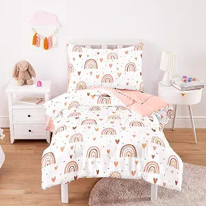 Wake In Cloud - Toddler Bedding Set for Girls, Dreamy Cute Rainbow Heart, 4 Pieces Soft Crib Bed Set Including Comforter, Sheets and Pillowcase, White Pink