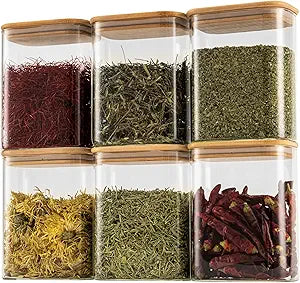 D2scrma 37oz Rectangle Airtight Glass Storage Containers with Bamboo Lids (Set of 6), Square Food Storage Jar, Pantry Organizers for Cereal, Nuts, Snacks and Coffee beans (with Black Lable)