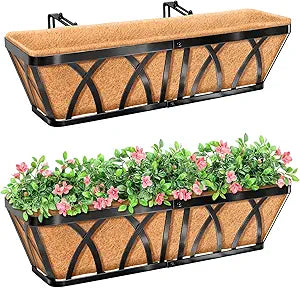 Riare 2 Pack 24 Inch Metal Railing Planter Window Box with Coco Liner- Adjustable Window Flower Boxes for Railings, Hanging Rail Planters for Deck, Balcony, Porch, Fence, Indoor Outdoor Plants