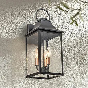 Outdoor Wall Lights Fixture for House, Large Porch Light Wall Mount, 18 Black Exterior Wall Sconce with Rose Gold 3-Light Candelabra Interior, Outside Patio Lighting for Front Porch, Garage