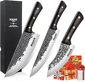 Huusk Hand Forged Chef Knife Set, High Carbon Steel Butcher Knife Set, Japanese Kitchen Knives for Home, Outdoor BBQ Camping Cooking, Gift Idea for Men