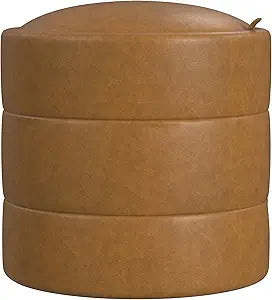 HomePop Storage Round Ottoman with Removable Lid |Homepop Home Dcor|Upholstered Round Velvet Foot Rest Ottoman - Carmel Faux Leather