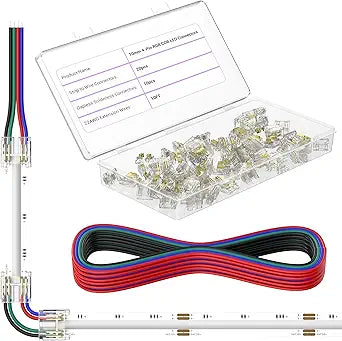 MIWISE 10mm LED Connectors Kit for 4-Pin COB LED Strip,20PCS Strip-to-Wire & 10PCS Gapless I-Shaped Solderless Transparent Connectors with 10ft Wire Extension Cable,for DIY Lighting,12V 24V 5V