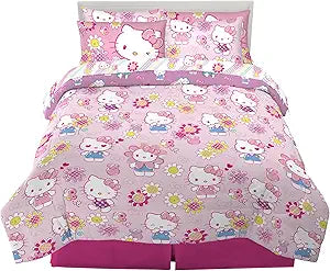 Hello Kitty Kids Bedding Super Soft & Cozy Reverisble Microfiber Comforter and Sheet Set with Sham, 7 Piece Full Size, (Officially Licensed Product) by Franco