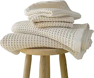 PSKL Organic Raw-Undyed Waffle Towels for Bathroom Set 4-Piece | Natural 100% Turkish Cotton Luxury 2 Hand Towel & 2 Bath Towel | Absorbent Quick Dry Lightweight Bath Towels Oeko-Tex Made in Turkey